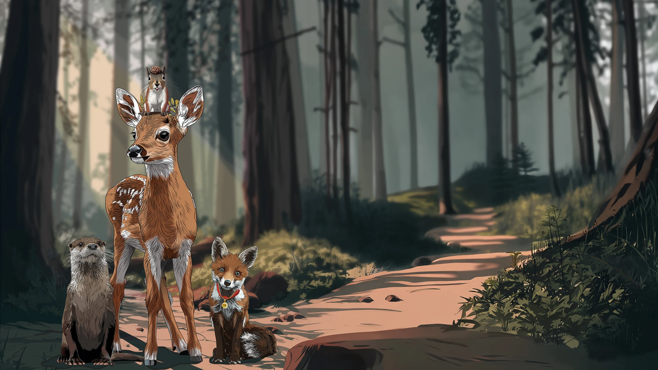 The four WelliePals together on a woodland path