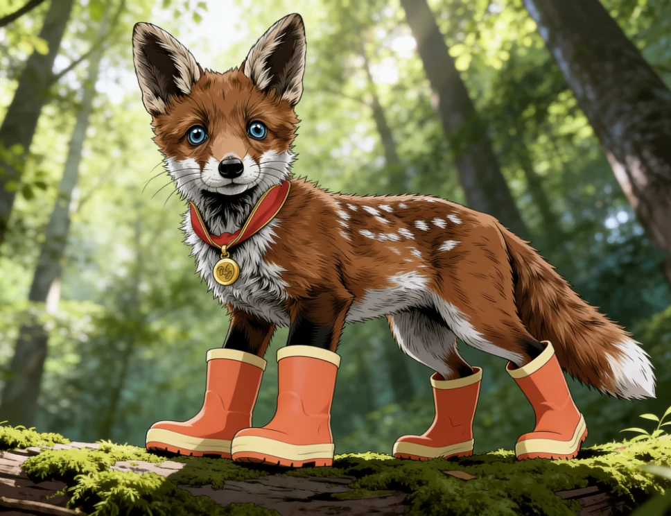 Fox character wearing WelliePaws boots in the woodland