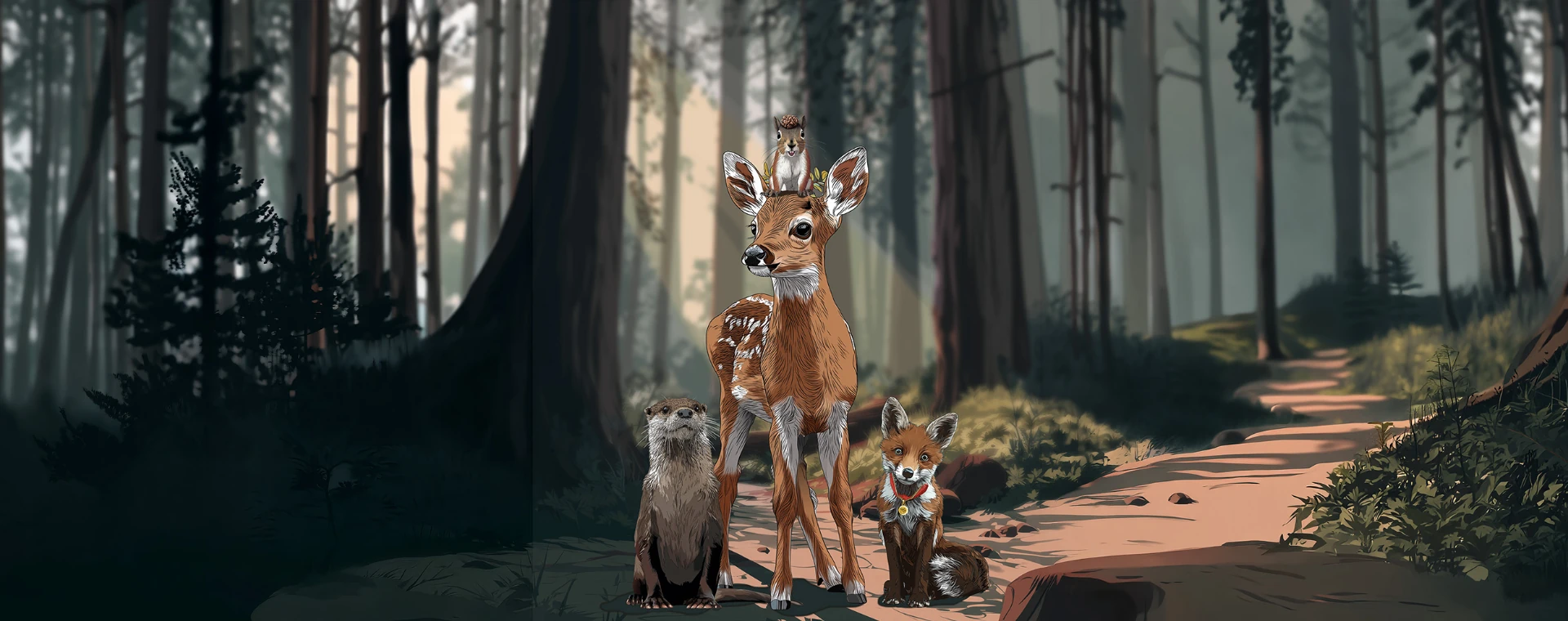 Dart, Spirit, Nut and Mud together in the woodland